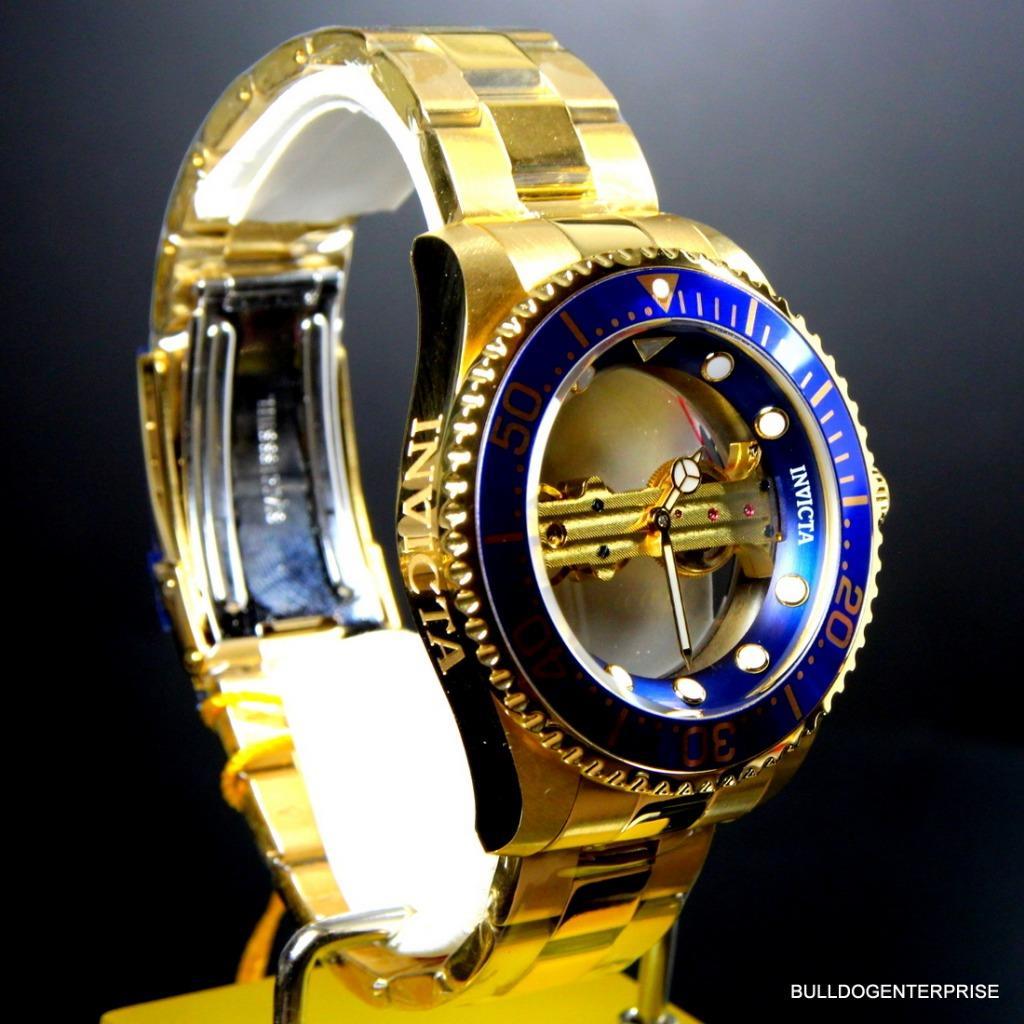 Invicta Pro Diver Ghost Bridge Mechanical Gold Plated Skeleton Blue Watch New
