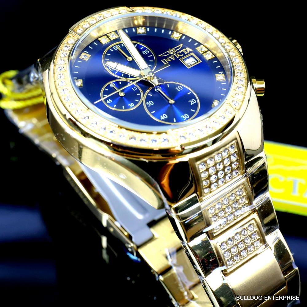Invicta Specialty Crystal Accented Gold Plated Steel Blue 45mm Chrono Watch New