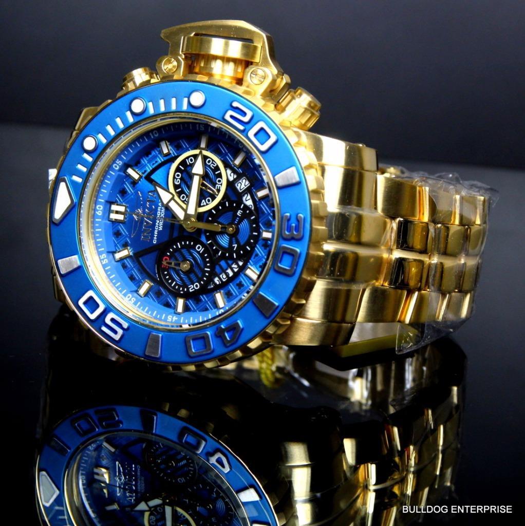 Invicta Sea Hunter III Blue 70mm Swiss Movement Chrono Gold Plated Watch New