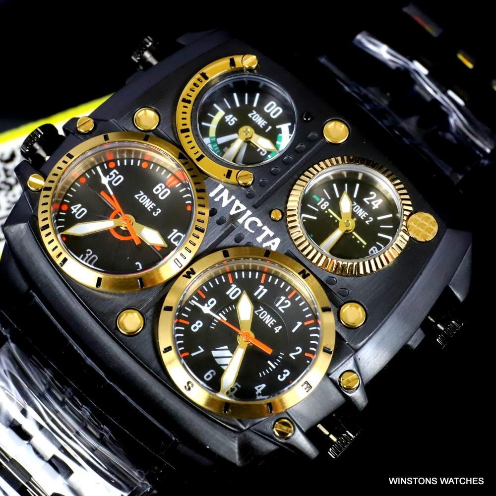 Invicta Aviator Zulu Black Stainless Steel Bracelet Quad Time 50mm Watch New