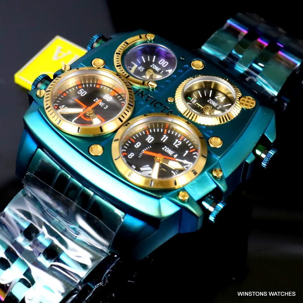 Invicta Aviator Zulu Green Stainless Steel Bracelet Quad Time 50mm Watch New