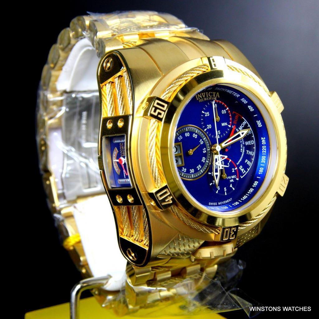 Invicta Bolt Zeus Tria Gold Plated Steel Blue 3 Swiss Mvt Dials 52mm Watch New
