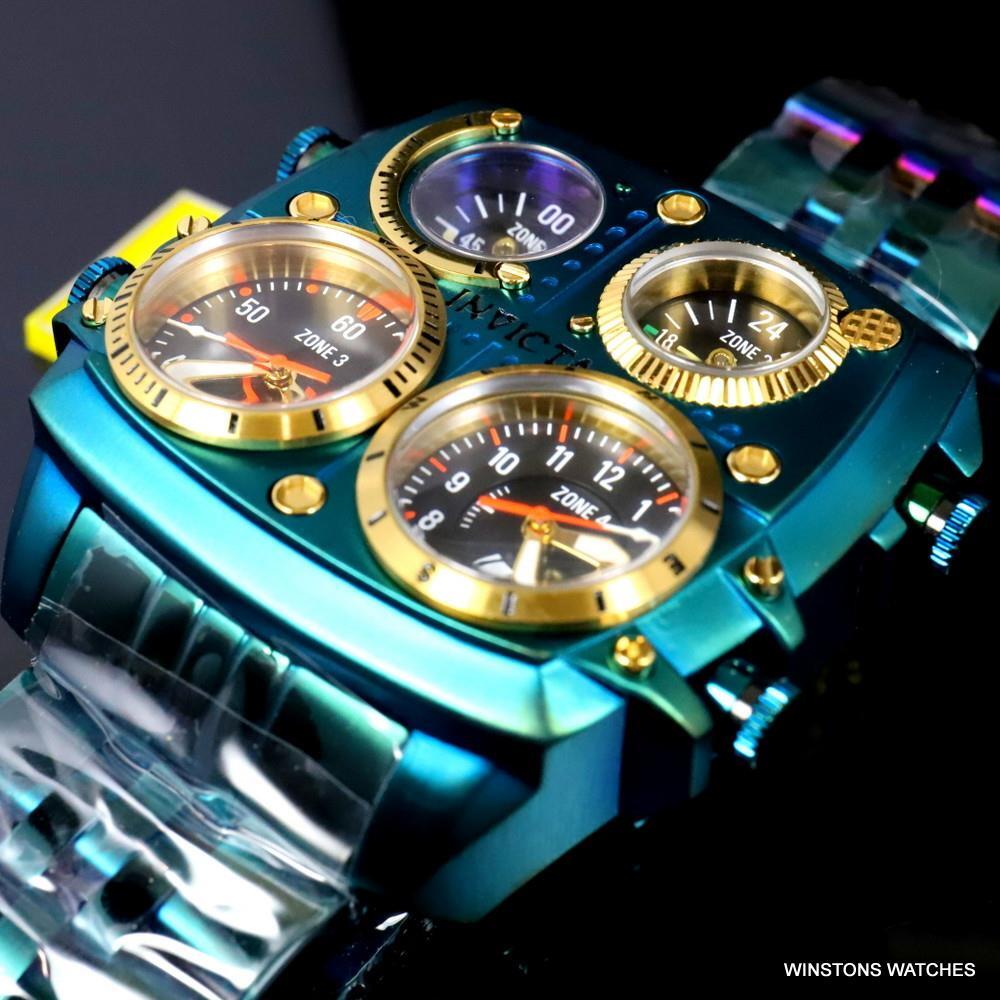 Invicta Aviator Zulu Green Stainless Steel Bracelet Quad Time 50mm Watch New