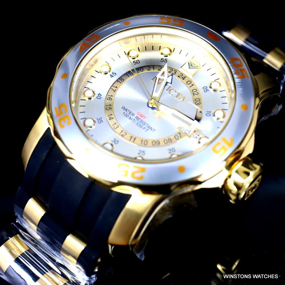 Invicta Pro Diver Scuba GMT Silver Tone Dial 18kt Gold Plated 49mm Watch New