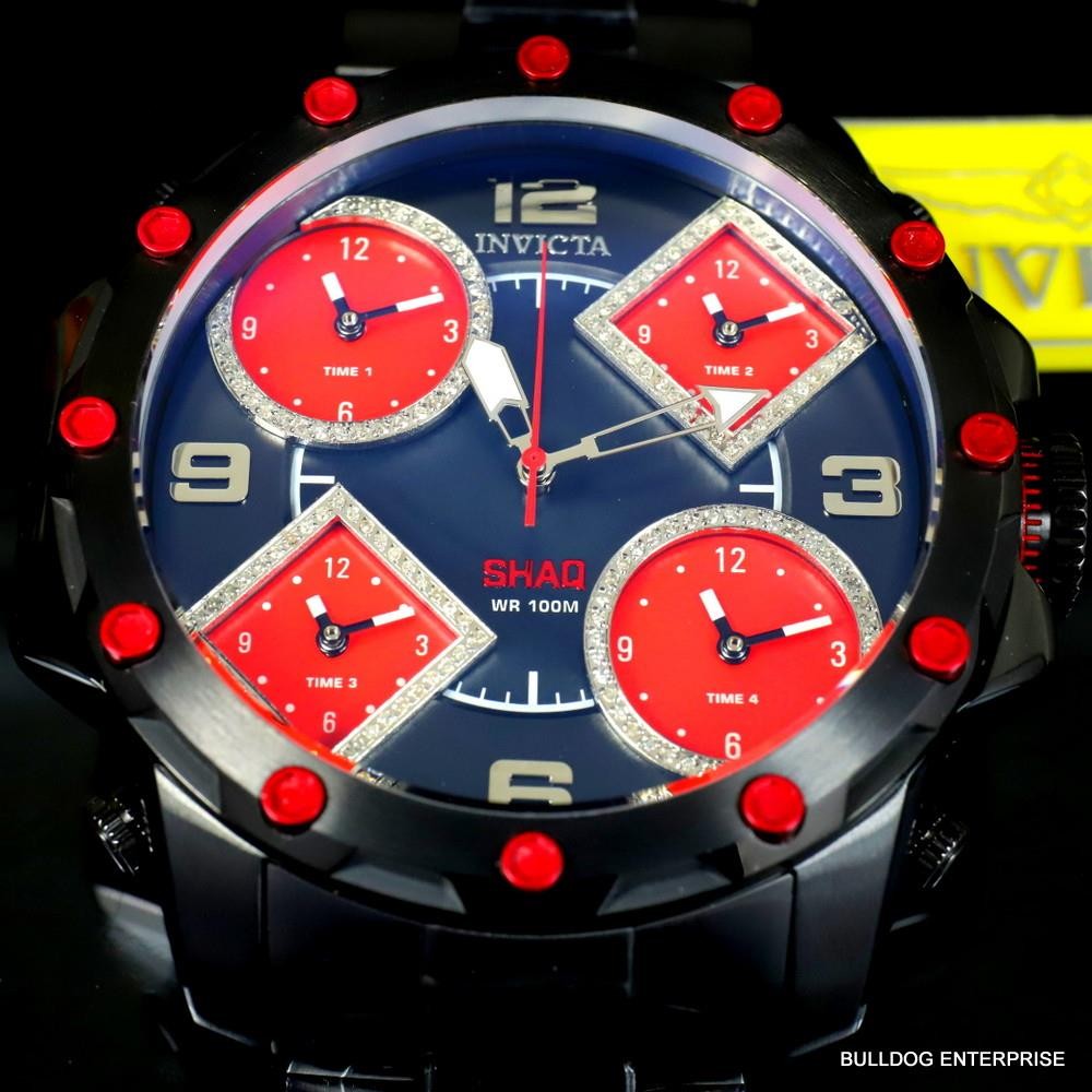 Invicta Shaq Diamond 5 Time Zone Red MOP Black Steel Chronograph 58mm Watch New