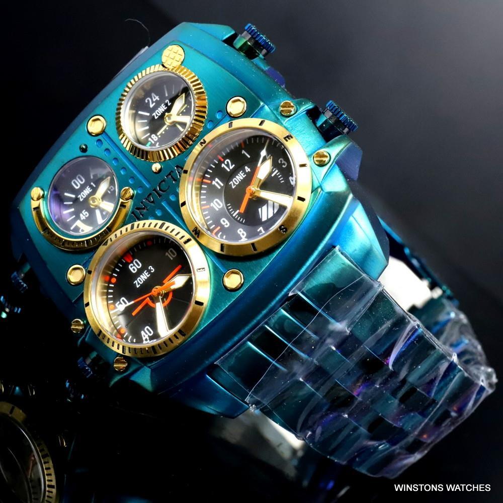 Invicta Aviator Zulu Green Stainless Steel Bracelet Quad Time 50mm Watch New