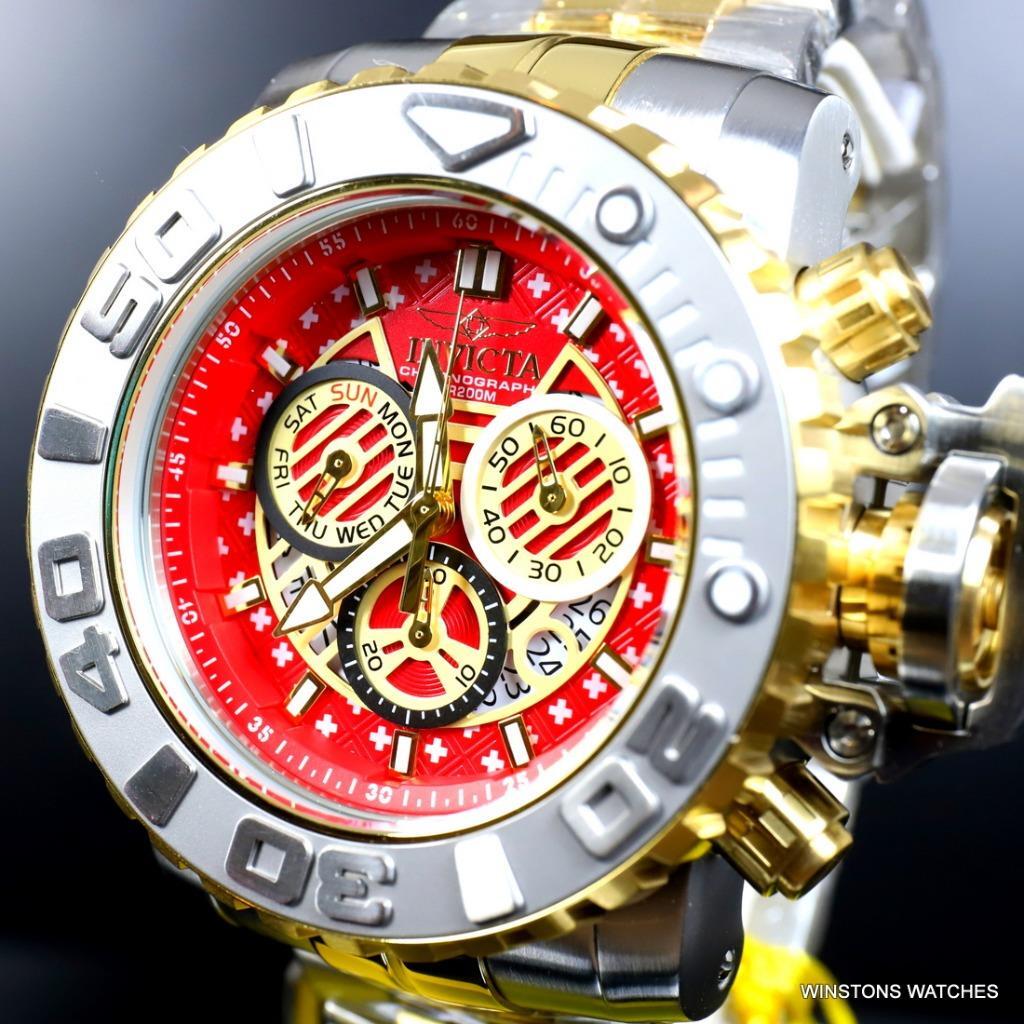 Invicta Sea Hunter II 70mm Two Tone Gold Plated Steel Red Swiss Mvt Watch New