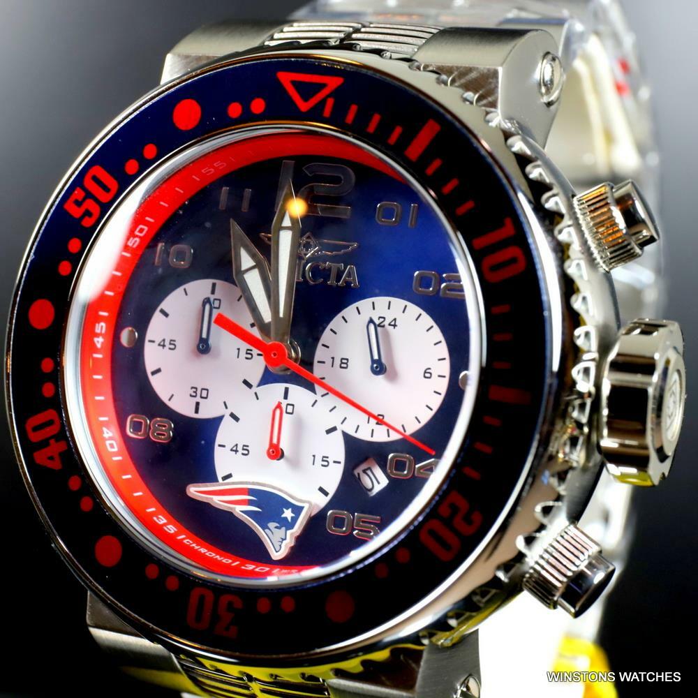 Invicta NFL Grand Pro Diver New England Blue Red Steel Chrono 52mm Watch New