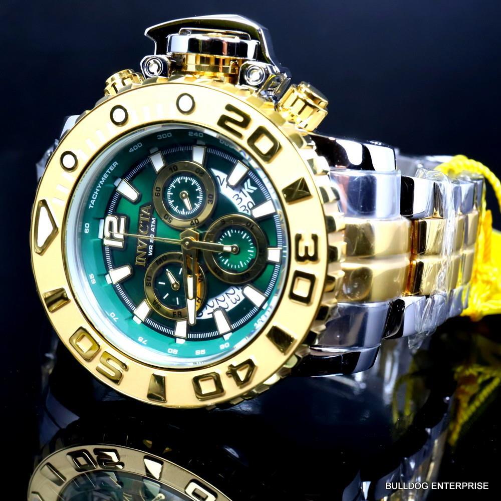 Men's Invicta Sea Hunter Gen II Green 2 Tone Gold Plated 70mm Swiss Watch New