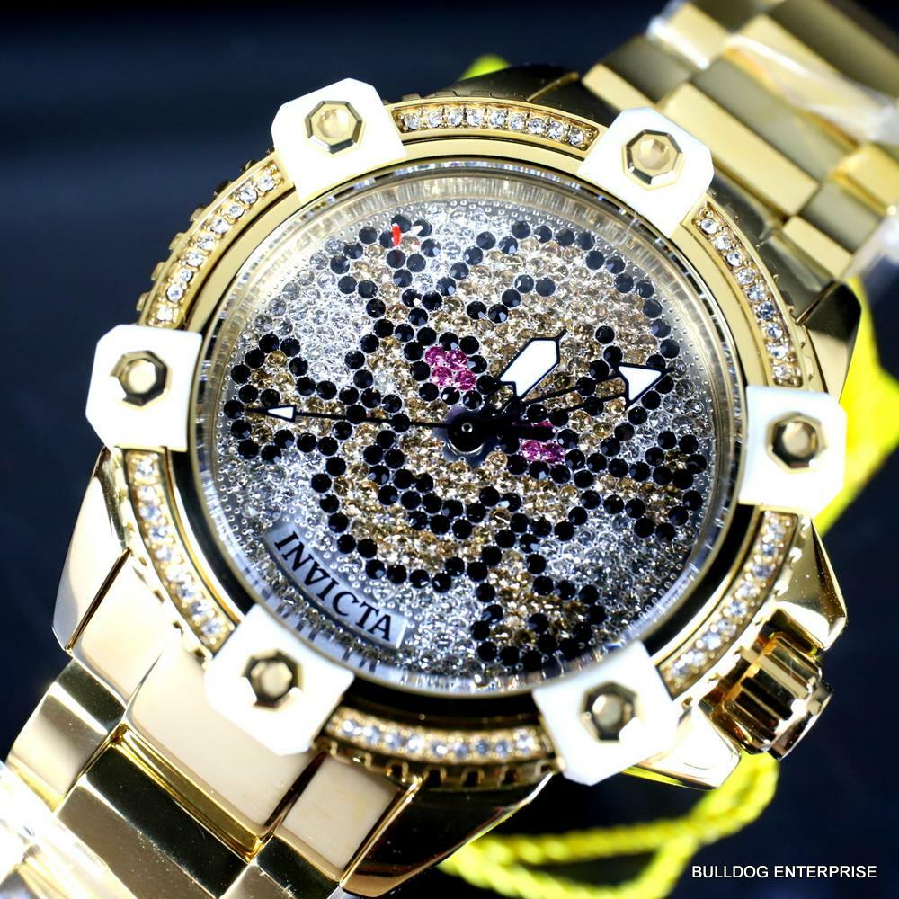 Womens Invicta Octane Skull Sparkling Crystals Gold Plated Steel 38mm Watch New