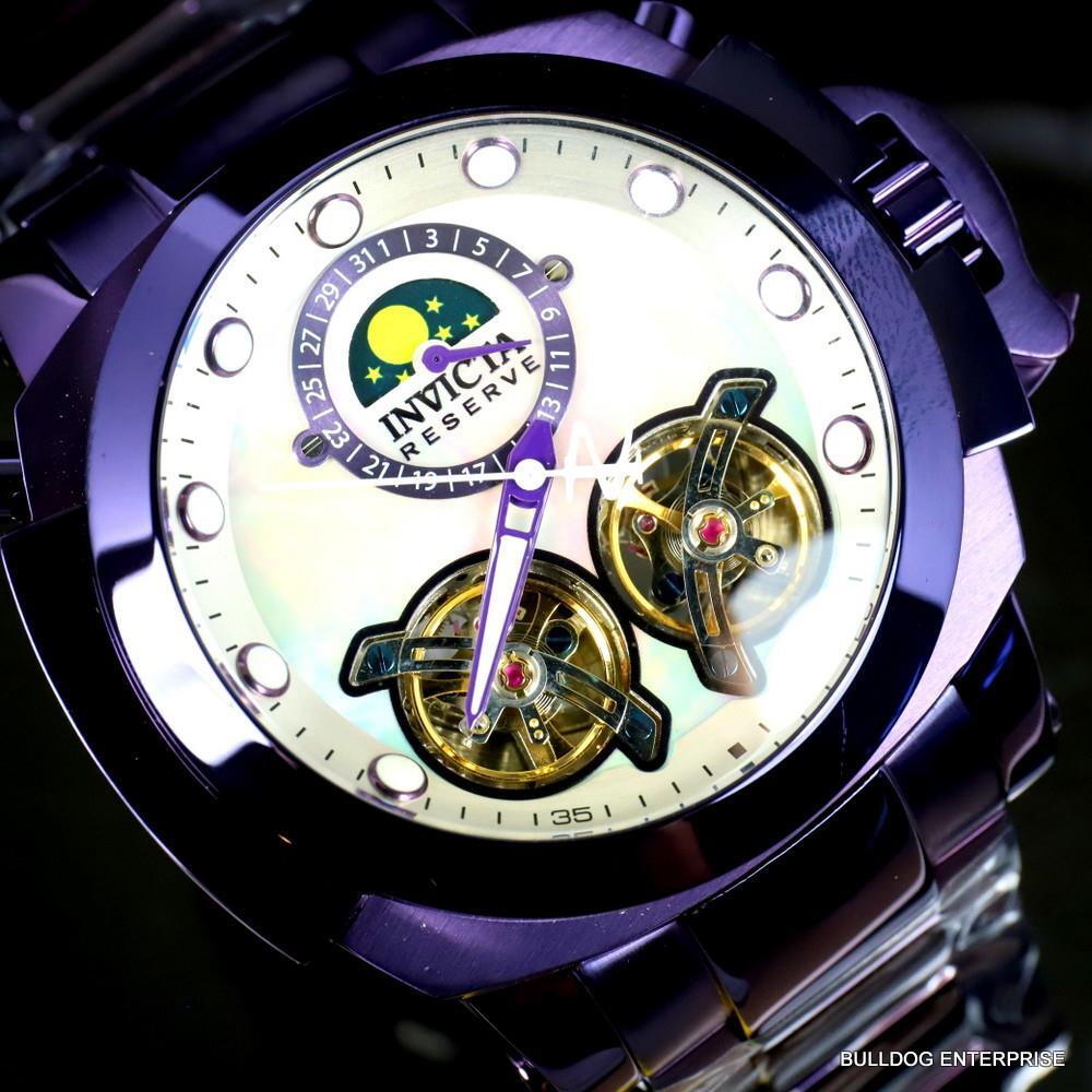 Invicta Man of War Double Open Heart Automatic Moon Phase MOP Purple Watch New