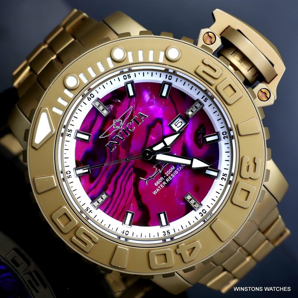 Invicta Sea Hunter Purple Abalone Khaki Steel Automatic Diamond 58mm Watch New
