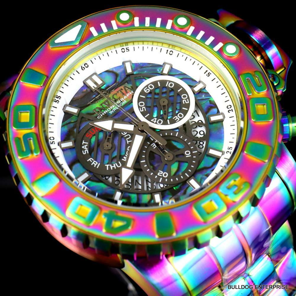 Invicta Sea Hunter Abalone Iridescent Steel 58mm Swiss Chronograph Watch New