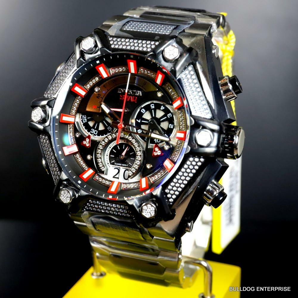 Invicta Shaq Bolt 1.4CTW Diamond Steel Swiss Mvt Chrono Black Red Watch 60mm New