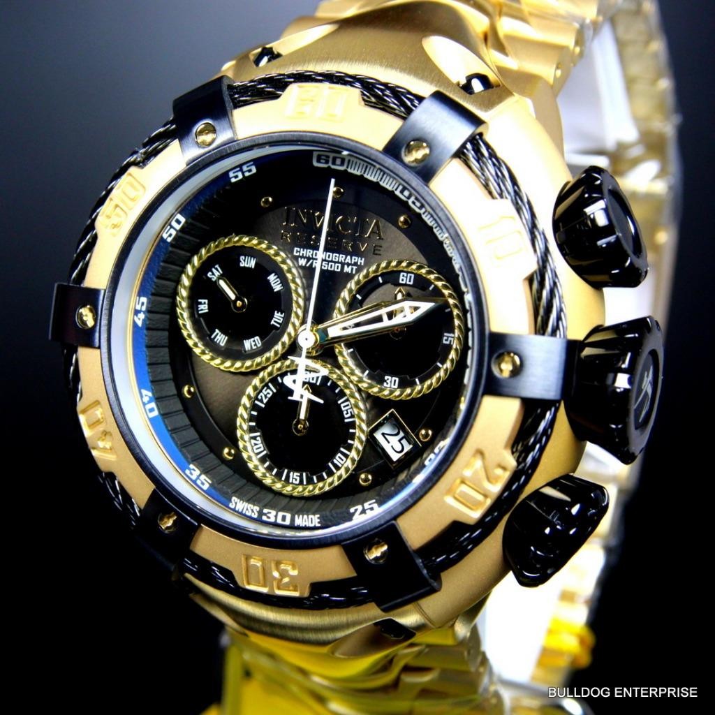 Invicta Reserve Thunderbolt 56mm 18kt Gold Plated Black Chronograph Watch New