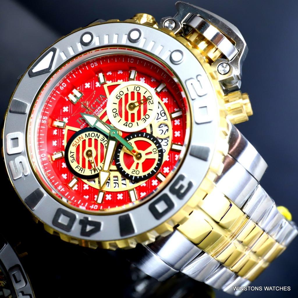 Invicta Sea Hunter II 70mm Two Tone Gold Plated Steel Red Swiss Mvt Watch New