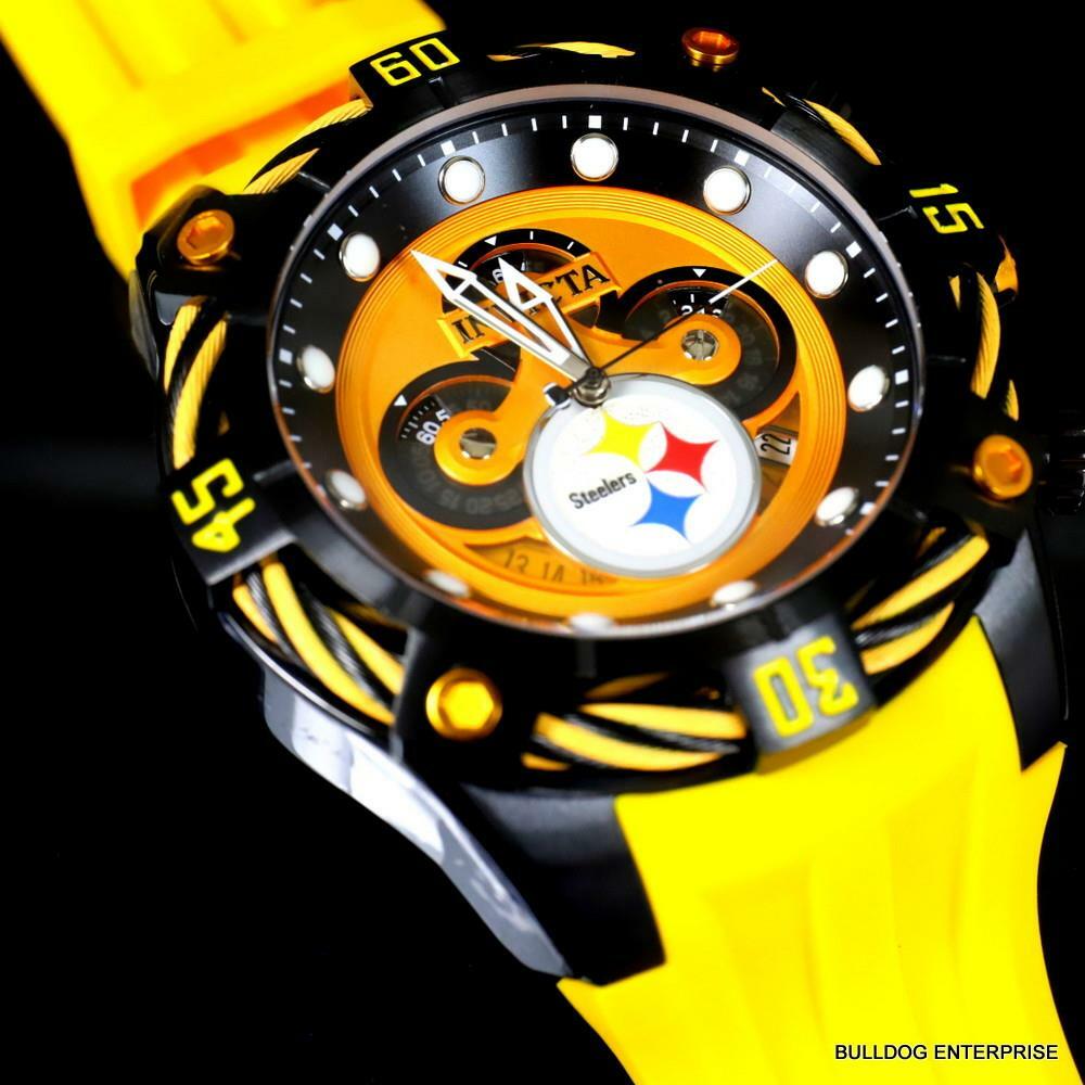 Invicta NFL Pittsburgh Steelers Bolt Yellow Chronograph Silicone Watch 52mm New