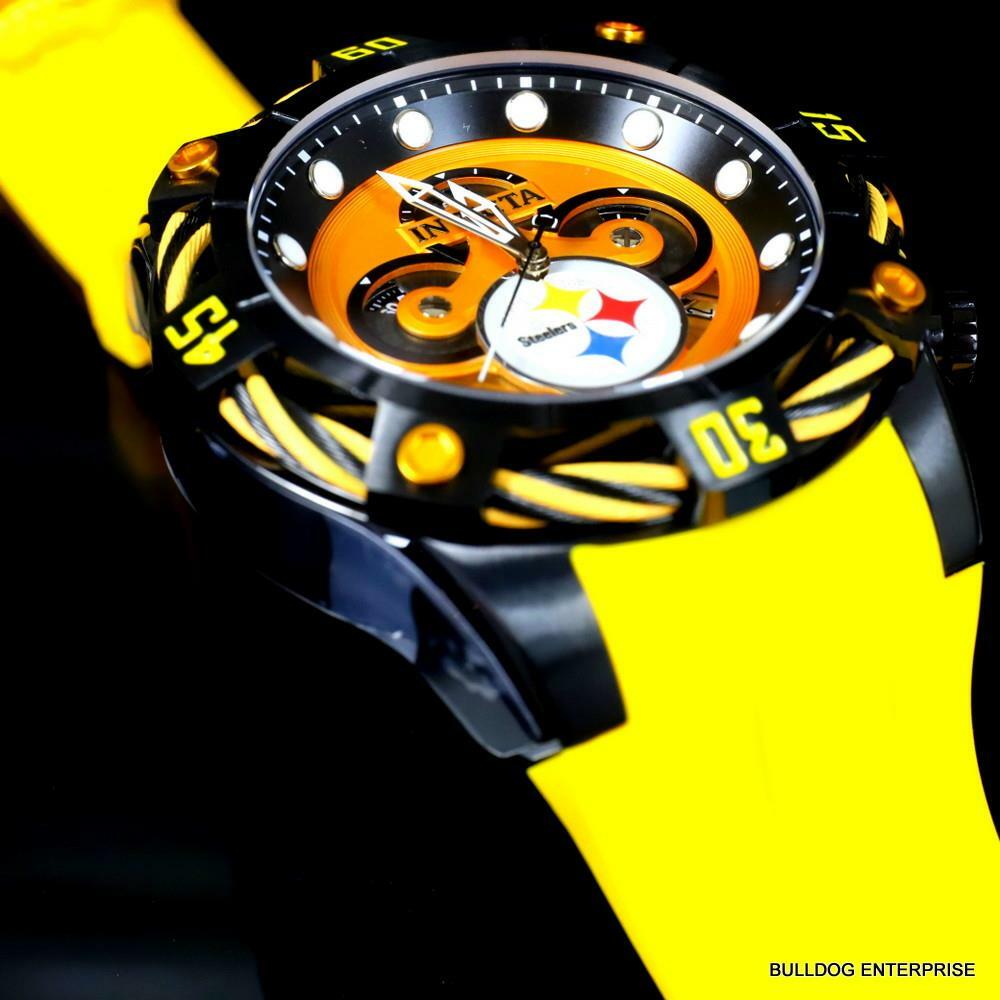 Invicta NFL Pittsburgh Steelers Bolt Yellow Chronograph Silicone Watch 52mm New