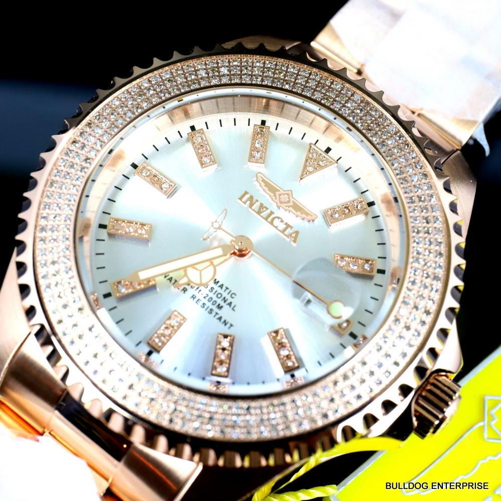Invicta Pro Diver Automatic1.40 CTW Diamond Rose Gold Plated Silver Watch New