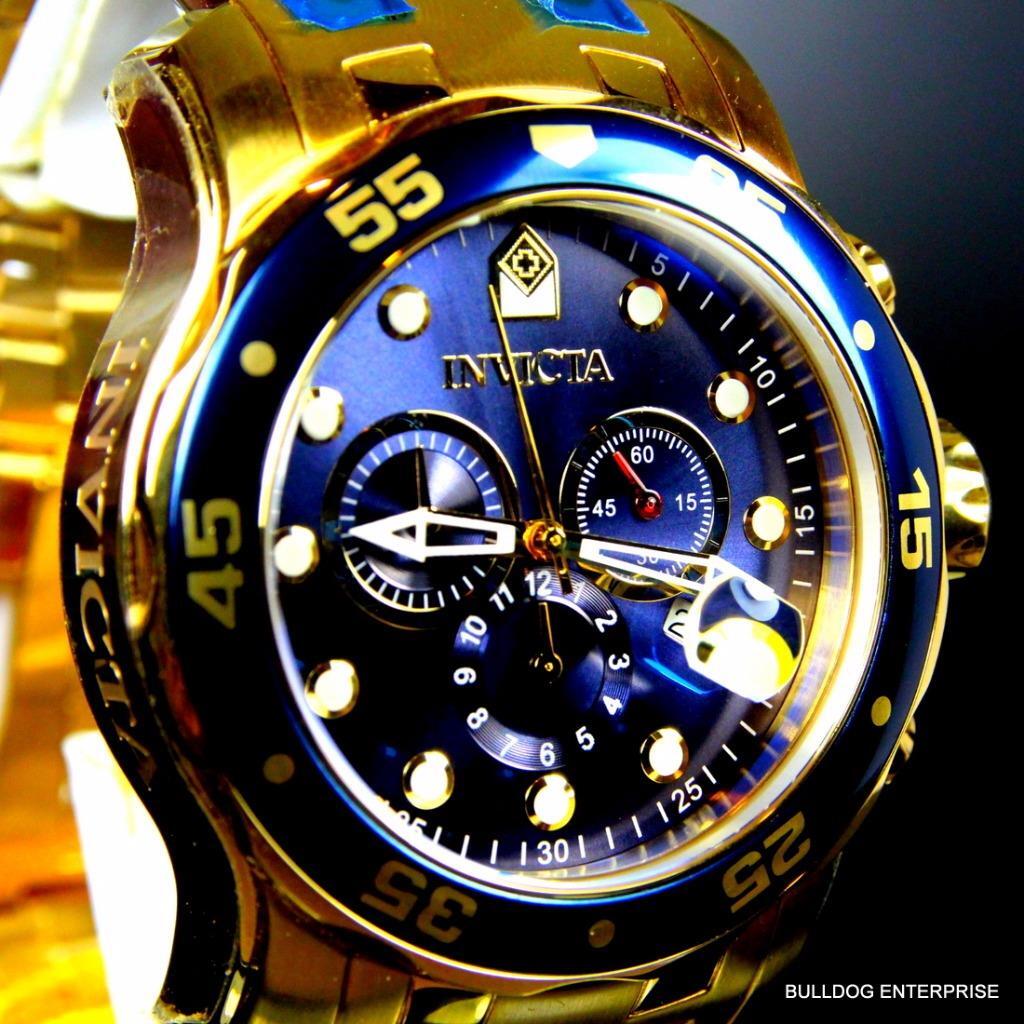 Invicta Pro Diver Scuba 18kt Gold Plated Steel Chronograph Blue 48mm Watch New