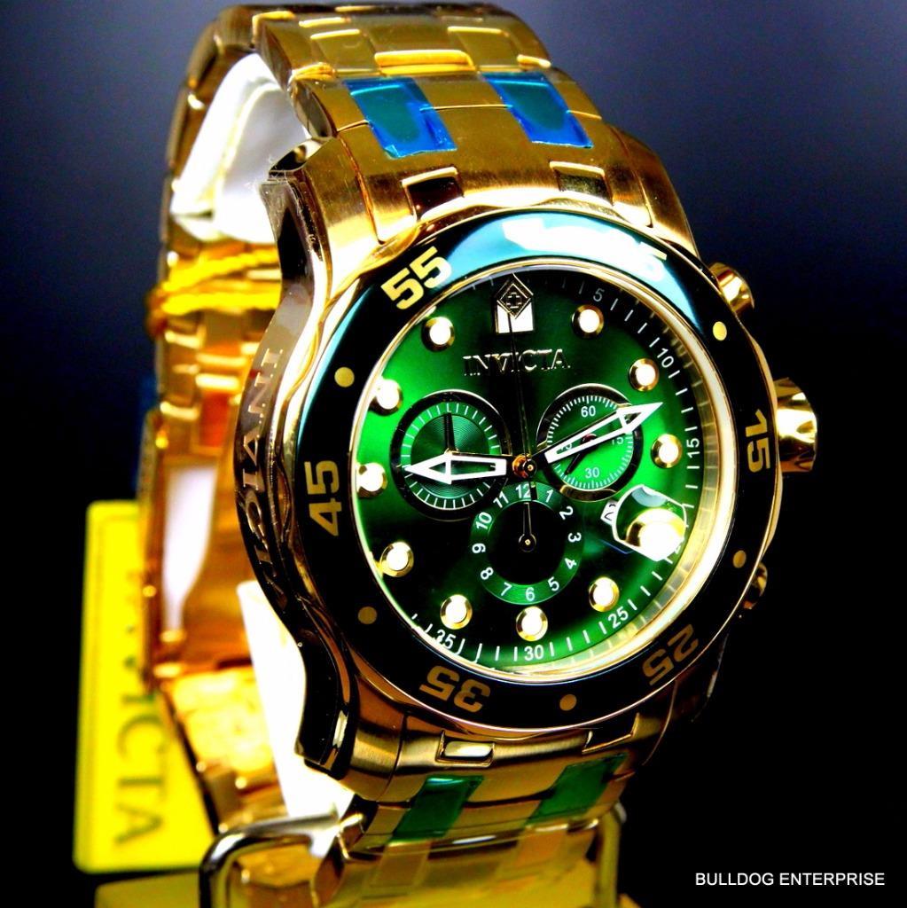 Mens Invicta Pro Diver Scuba 18kt Gold Plated Chronograph Green 48mm Watch New