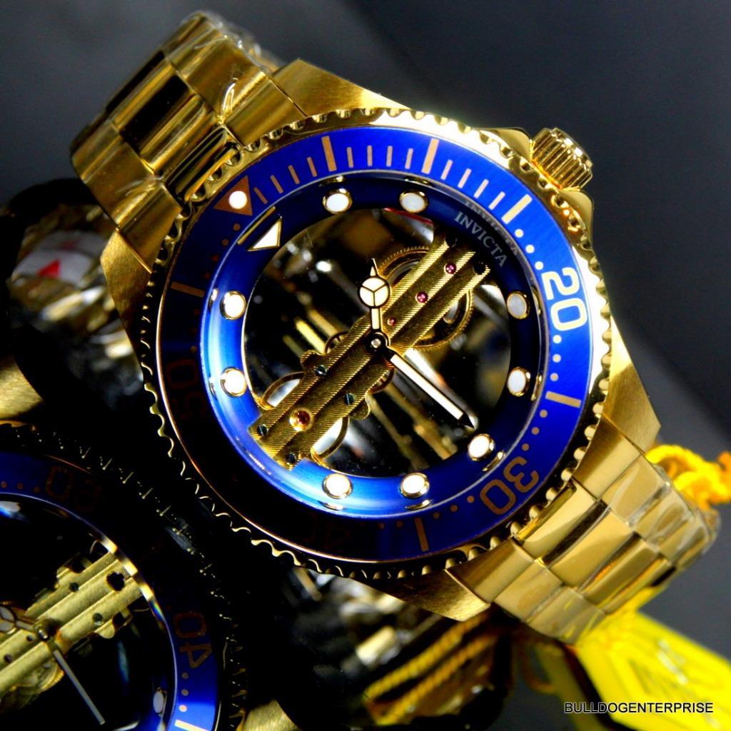Invicta Pro Diver Ghost Bridge Mechanical Gold Plated Skeleton Blue Watch New