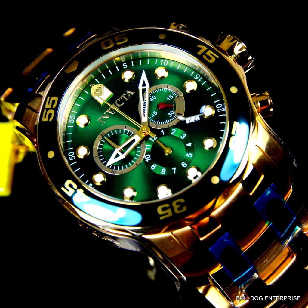 Mens Invicta Pro Diver Scuba 18kt Gold Plated Chronograph Green 48mm Watch New