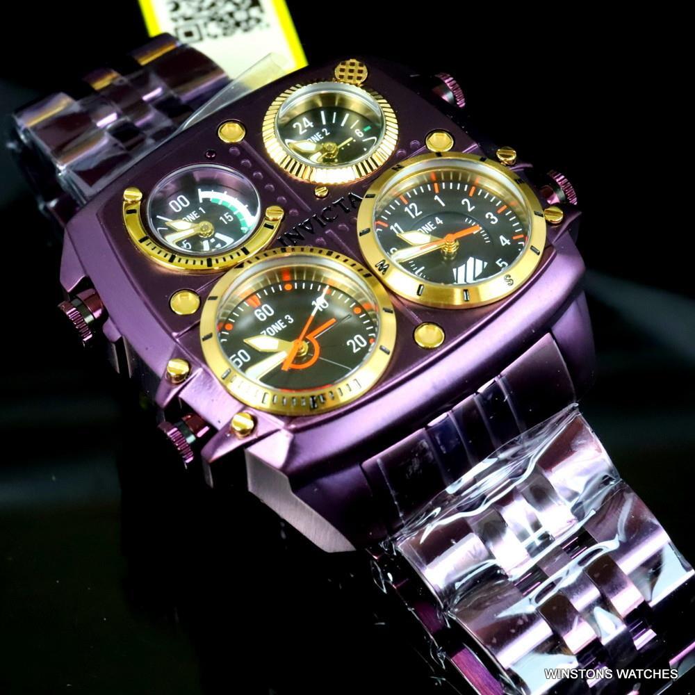 Invicta Aviator Zulu Purple Stainless Steel Bracelet Quad Time 50mm Watch New