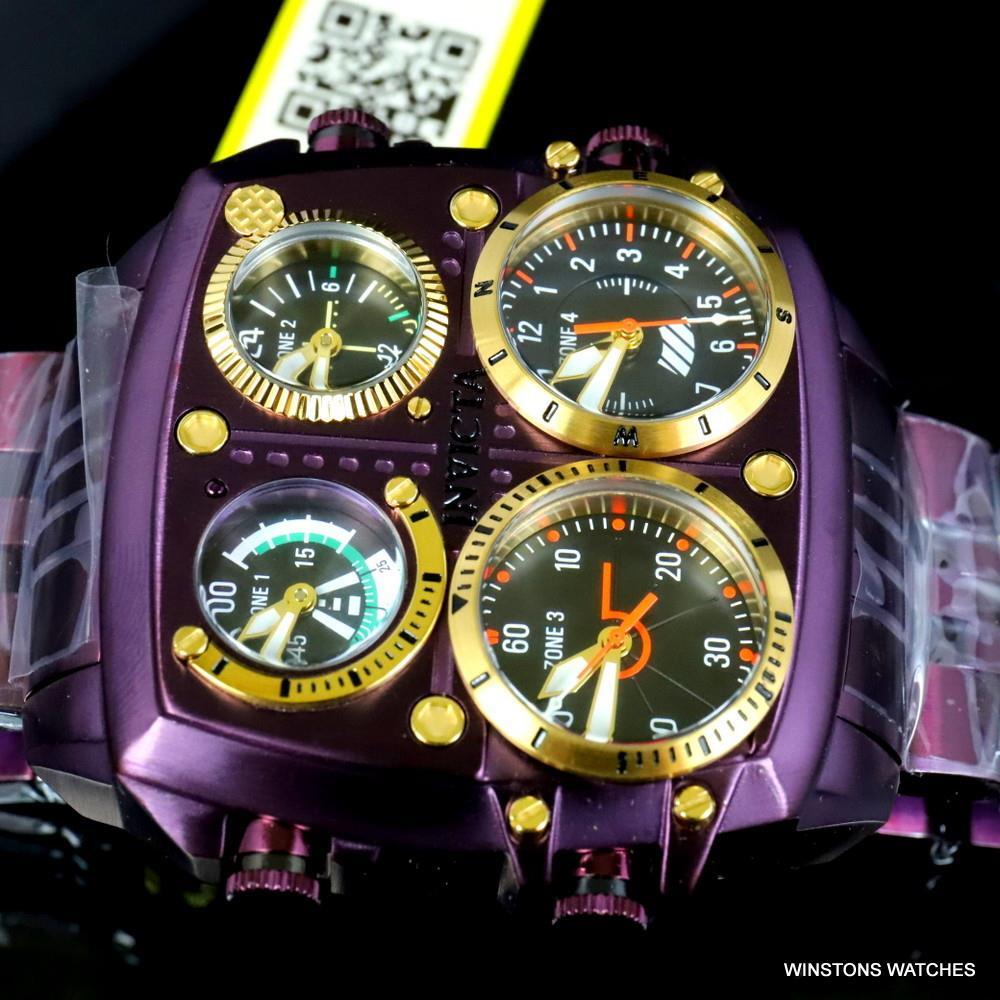 Invicta Aviator Zulu Purple Stainless Steel Bracelet Quad Time 50mm Watch New