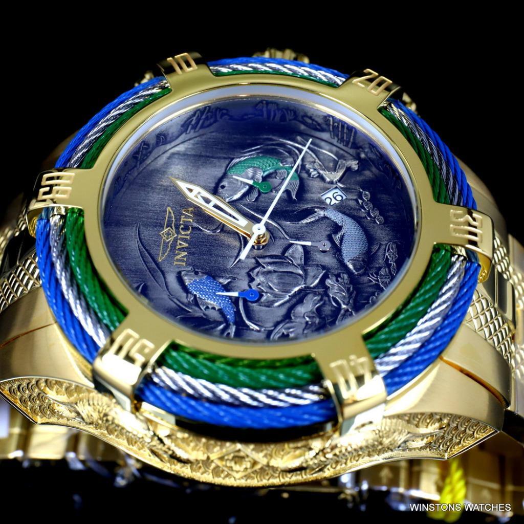 Invicta Bolt Tri Cable Green Blue Koi 54mm Gold Plated Steel Chrono Watch New
