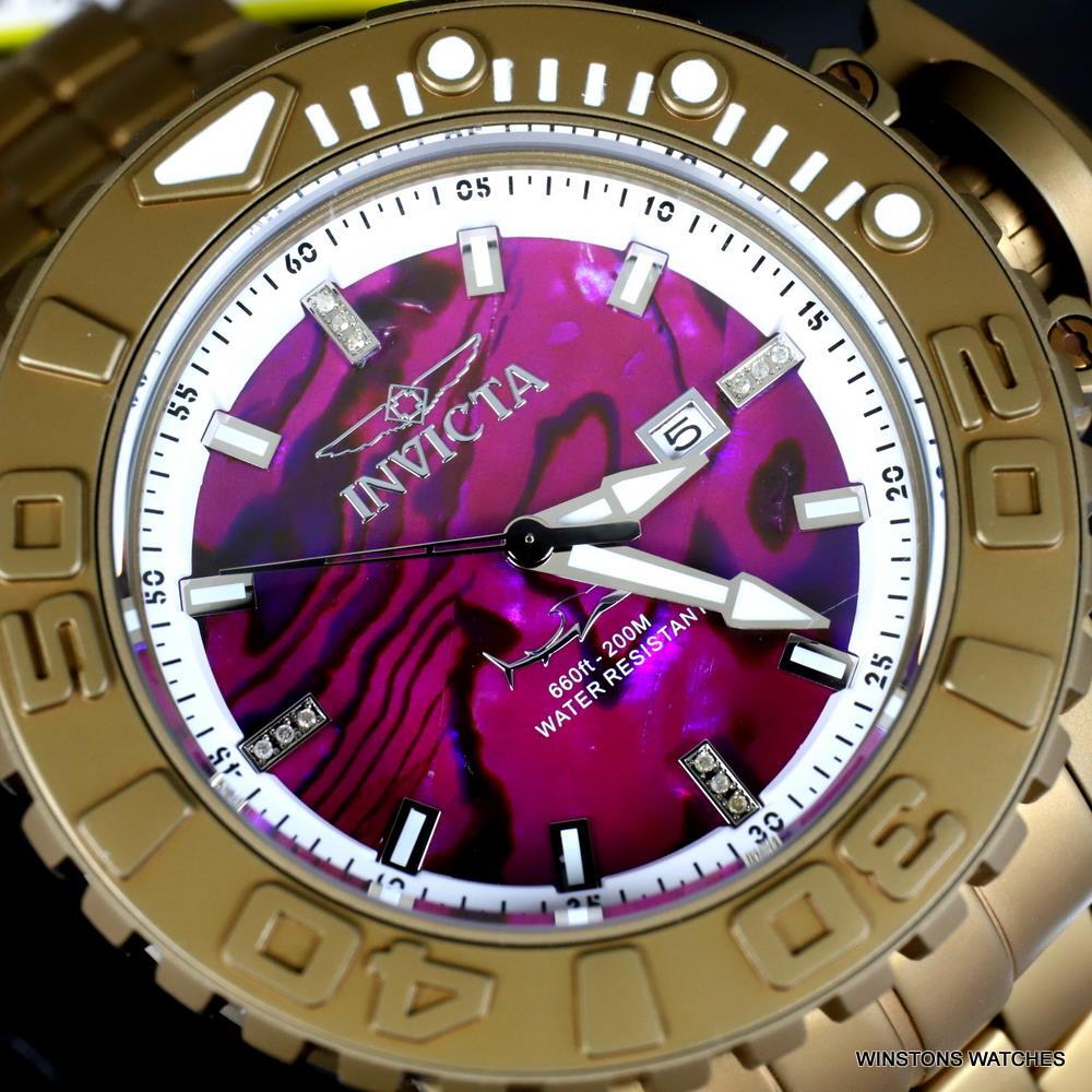Invicta Sea Hunter Purple Abalone Khaki Steel Automatic Diamond 58mm Watch New