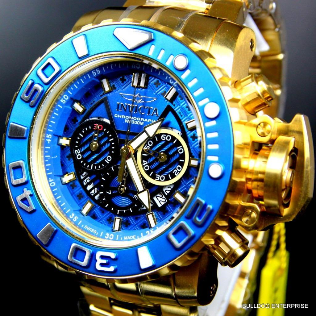 Invicta Sea Hunter III Blue 70mm Swiss Movement Chrono Gold Plated Watch New