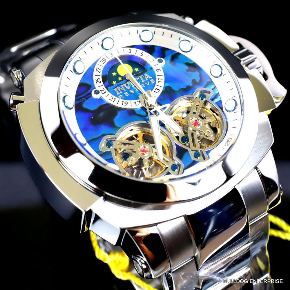 Invicta Man of War Double Open Heart Automatic Moon Blue Abalone Watch New