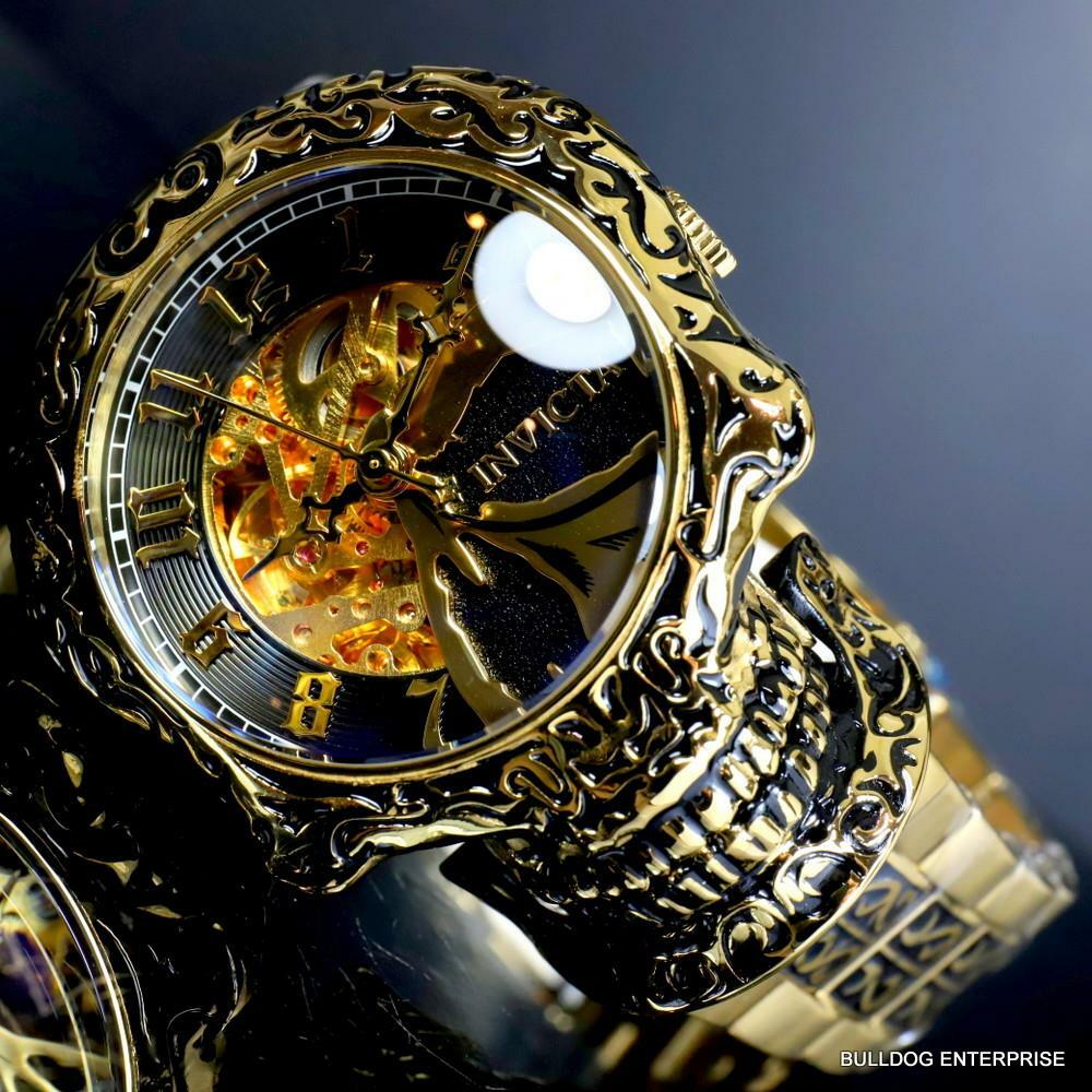 Invicta Artist Skull Automatic Skeletonized Gold Plated Steel 50mm Watch New