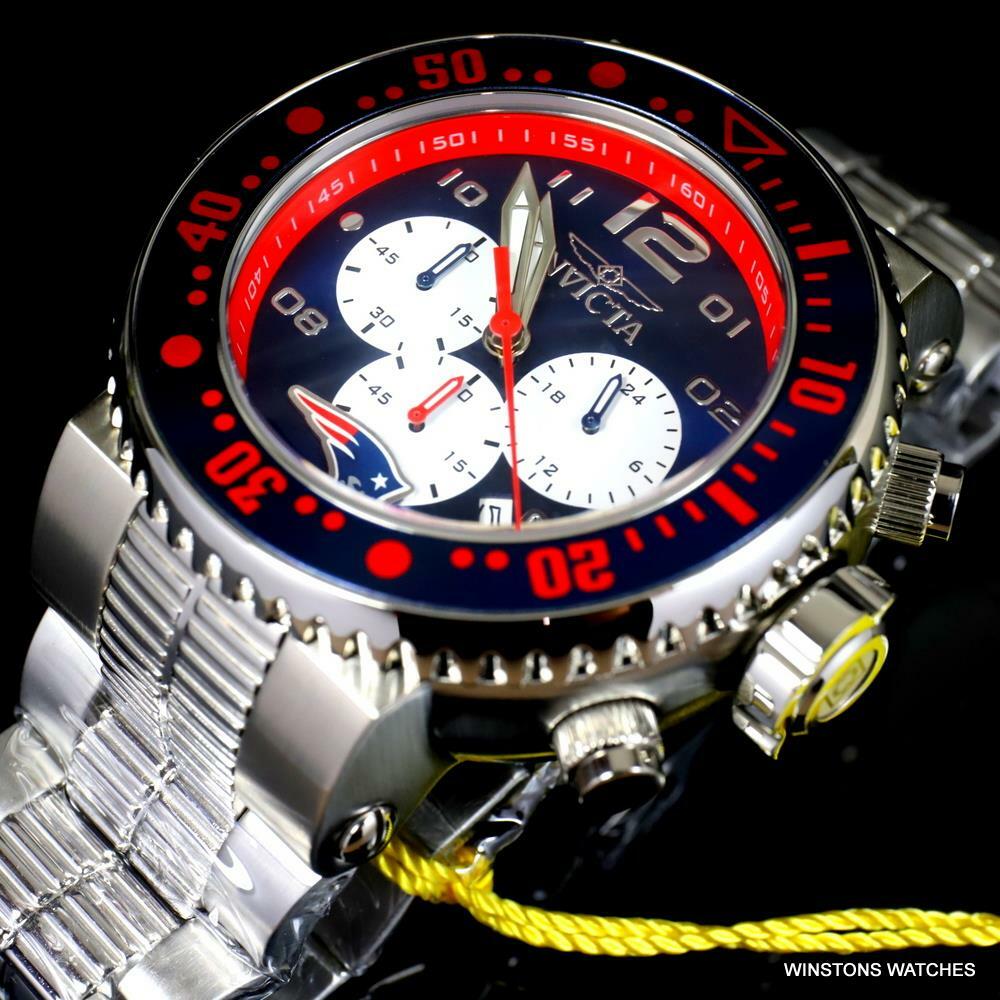 Invicta NFL Grand Pro Diver New England Blue Red Steel Chrono 52mm Watch New