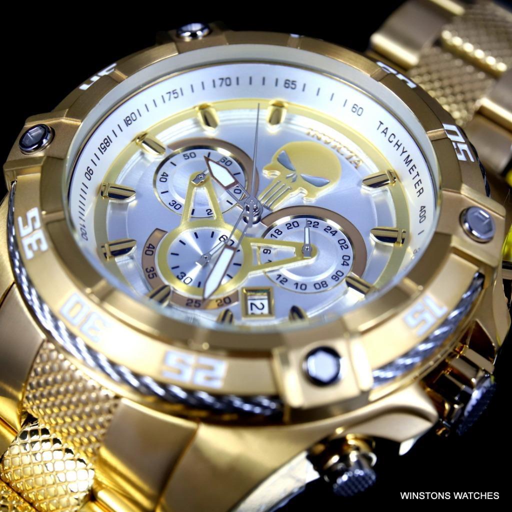 Invicta Marvel Punisher Speedway Viper Chrono Gold Plated Steel 52mm Watch New