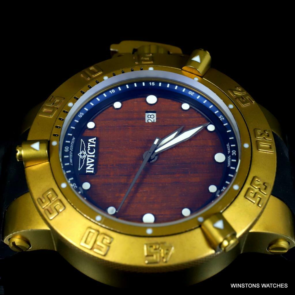Invicta Subaqua Noma III Swiss Made Wood 50mm Distressed Gold Plated Watch New
