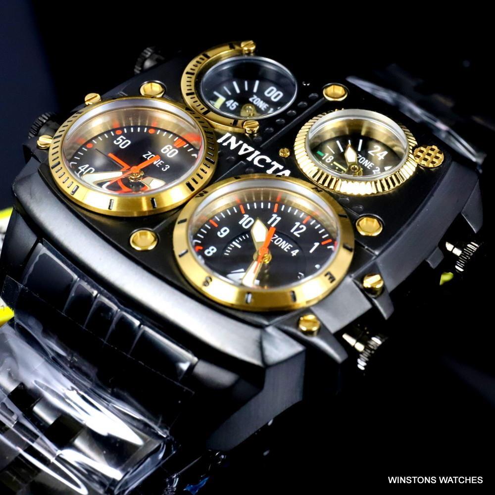 Invicta Aviator Zulu Black Stainless Steel Bracelet Quad Time 50mm Watch New