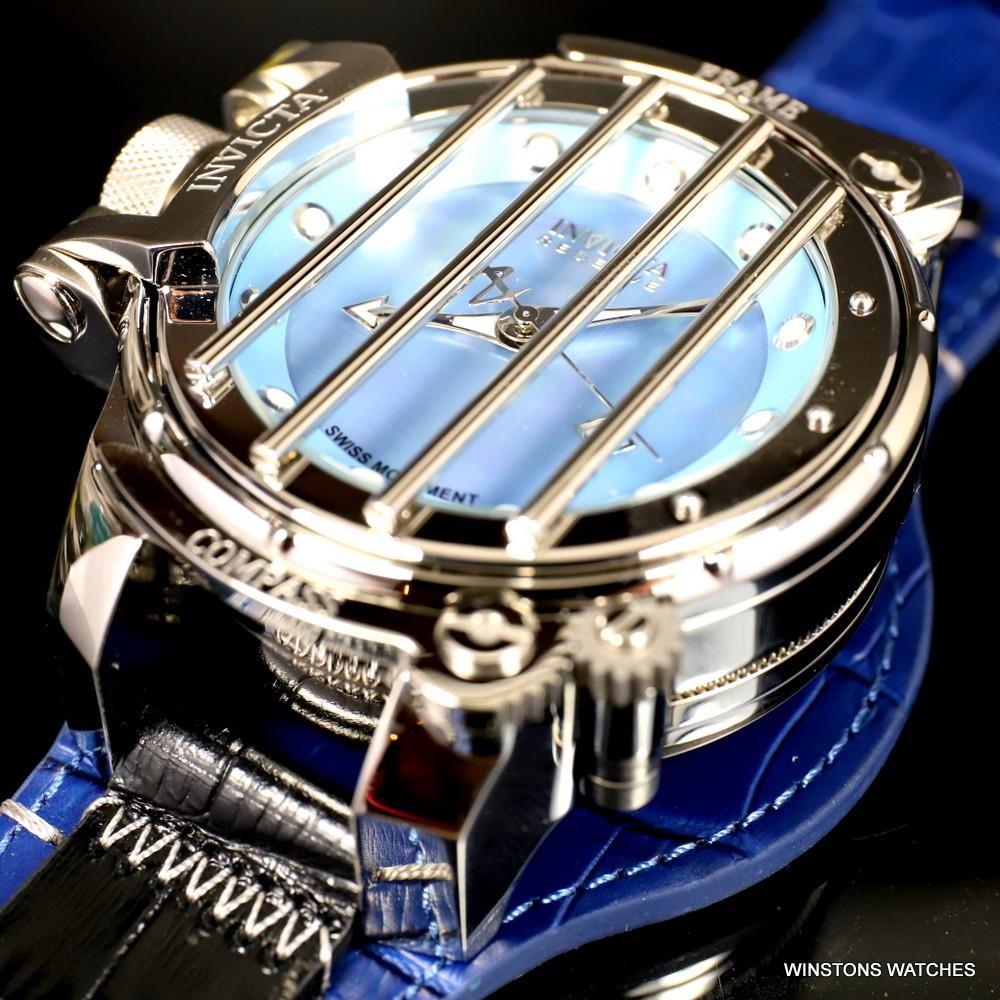 Invicta Russian Diver Compass Platinum MOP Blue Leather 52mm Swiss Mvt Watch New