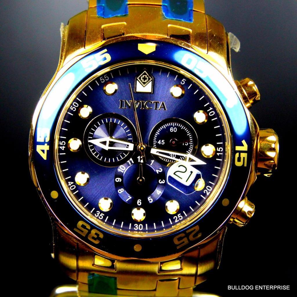 Invicta Pro Diver Scuba 18kt Gold Plated Steel Chronograph Blue 48mm Watch New