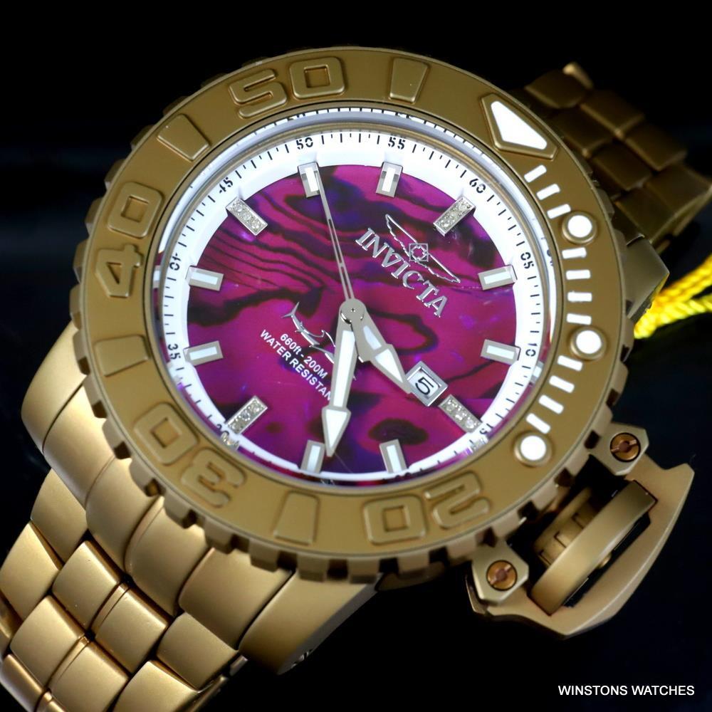 Invicta Sea Hunter Purple Abalone Khaki Steel Automatic Diamond 58mm Watch New
