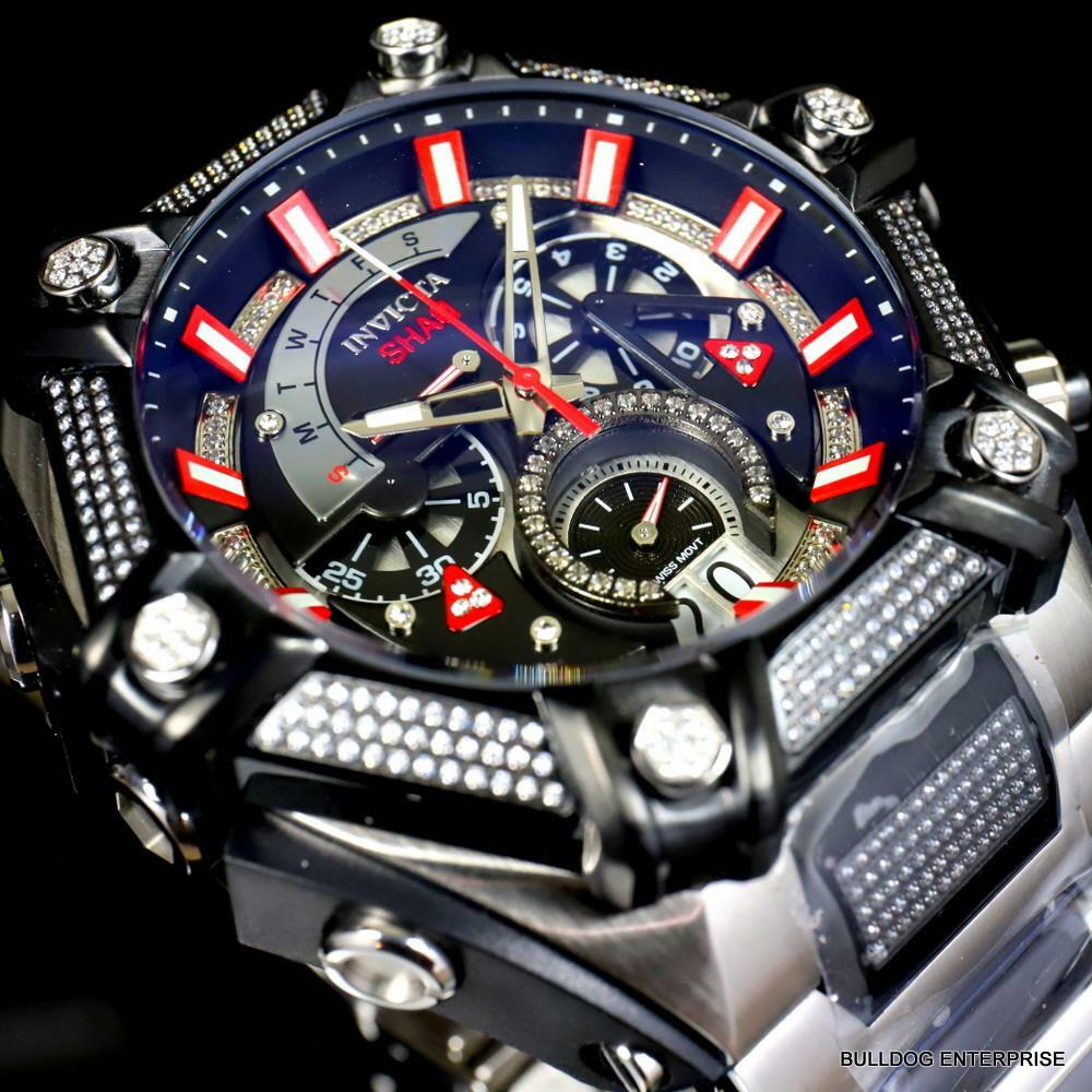 Invicta Shaq Bolt 1.4CTW Diamond Steel Swiss Mvt Chrono Black Red Watch 60mm New