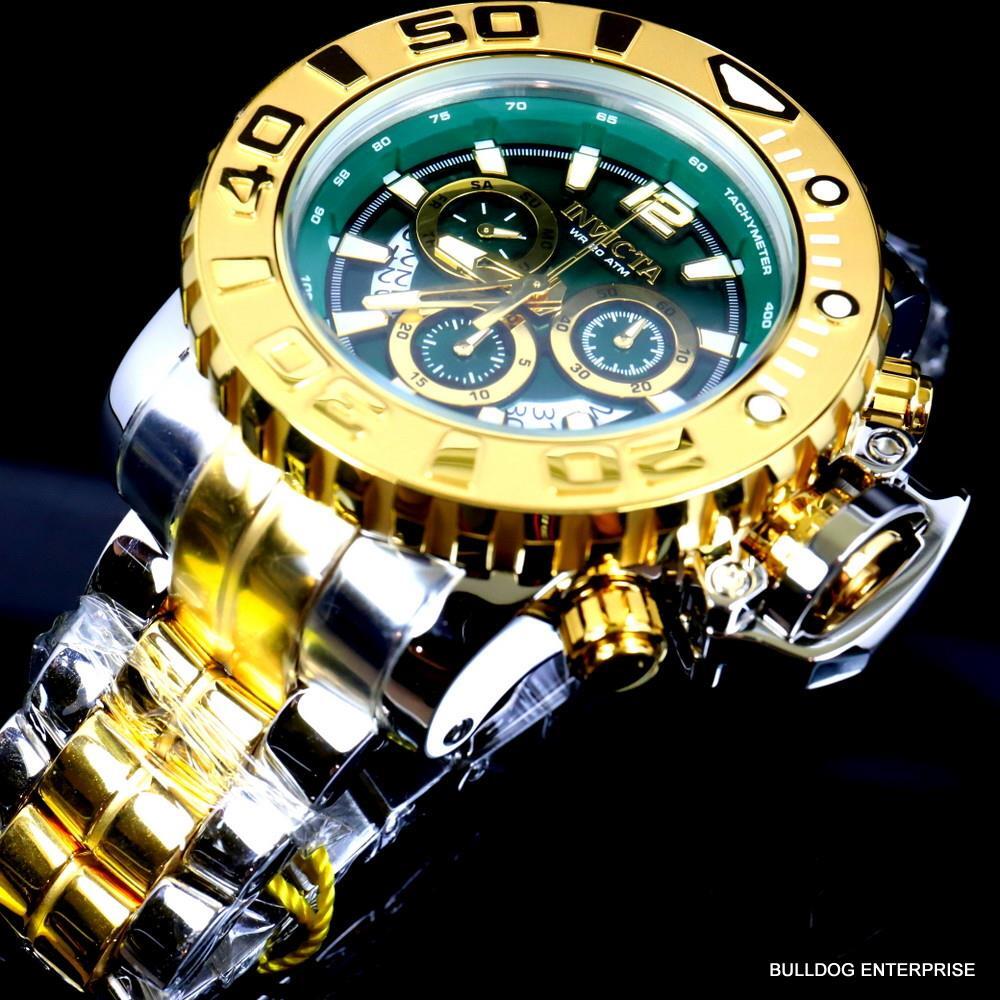 Men's Invicta Sea Hunter Gen II Green 2 Tone Gold Plated 70mm Swiss Watch New