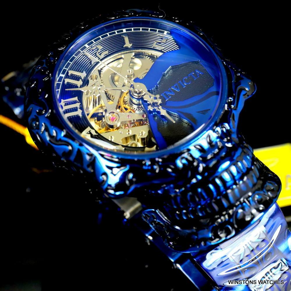 Invicta Artist Skull Automatic Skeletonized Blue Stainless Steel 50mm Watch New