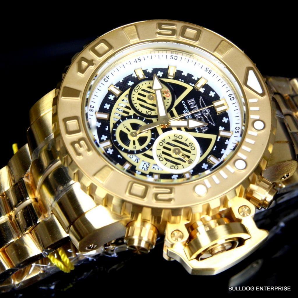 Invicta Sea Hunter III Black 70mm Swiss Mvt Chrono 18kt Gold Plated Watch New