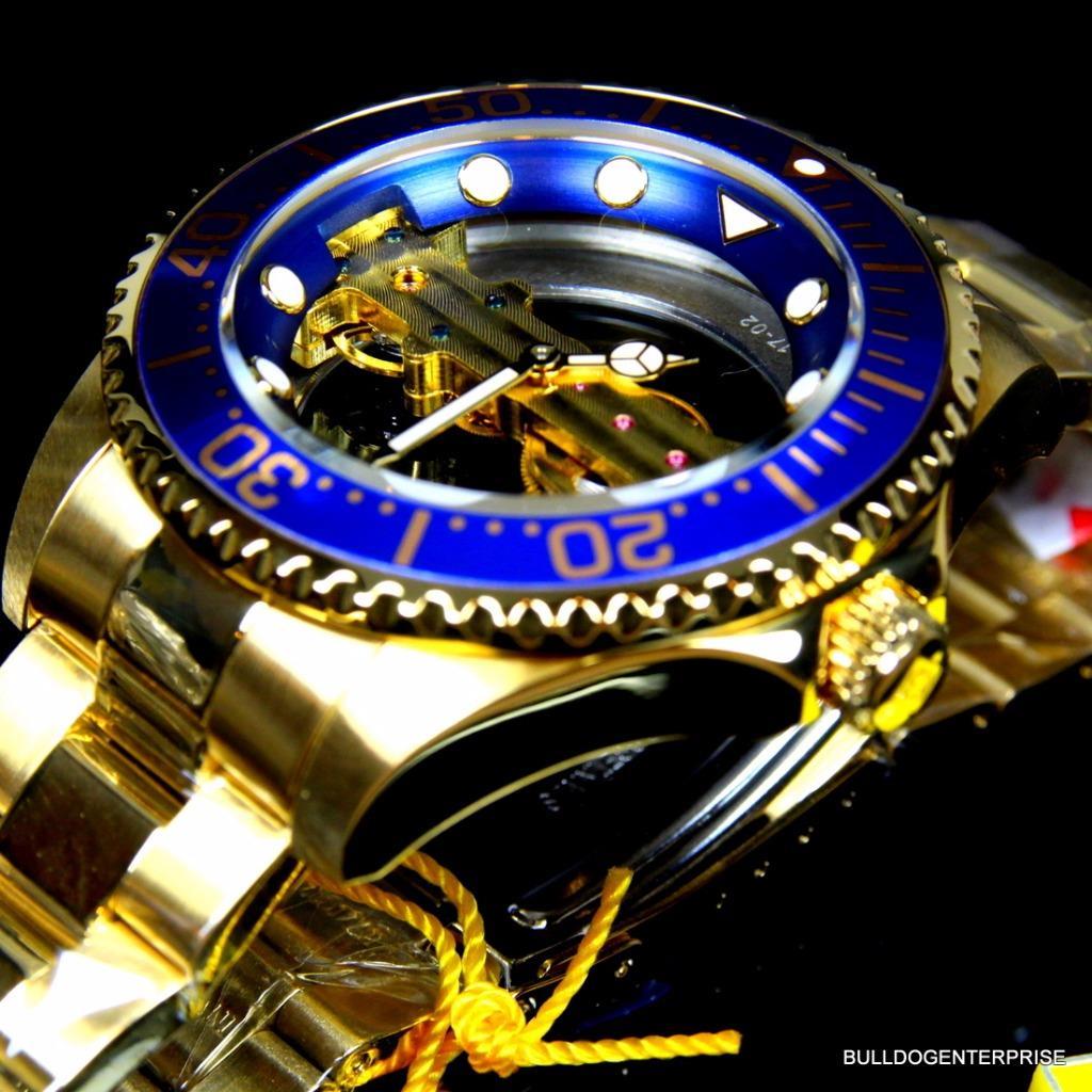 Invicta Pro Diver Ghost Bridge Mechanical Gold Plated Skeleton Blue Watch New