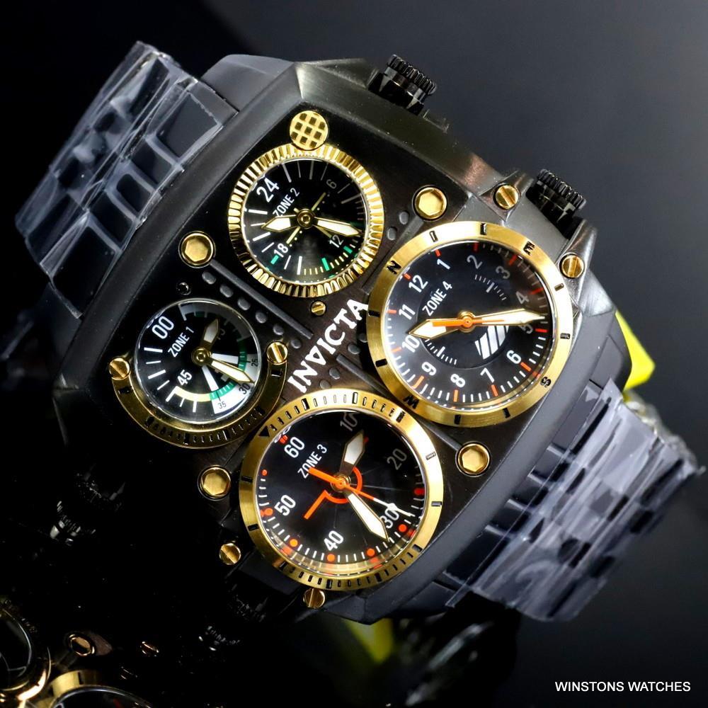 Invicta Aviator Zulu Black Stainless Steel Bracelet Quad Time 50mm Watch New