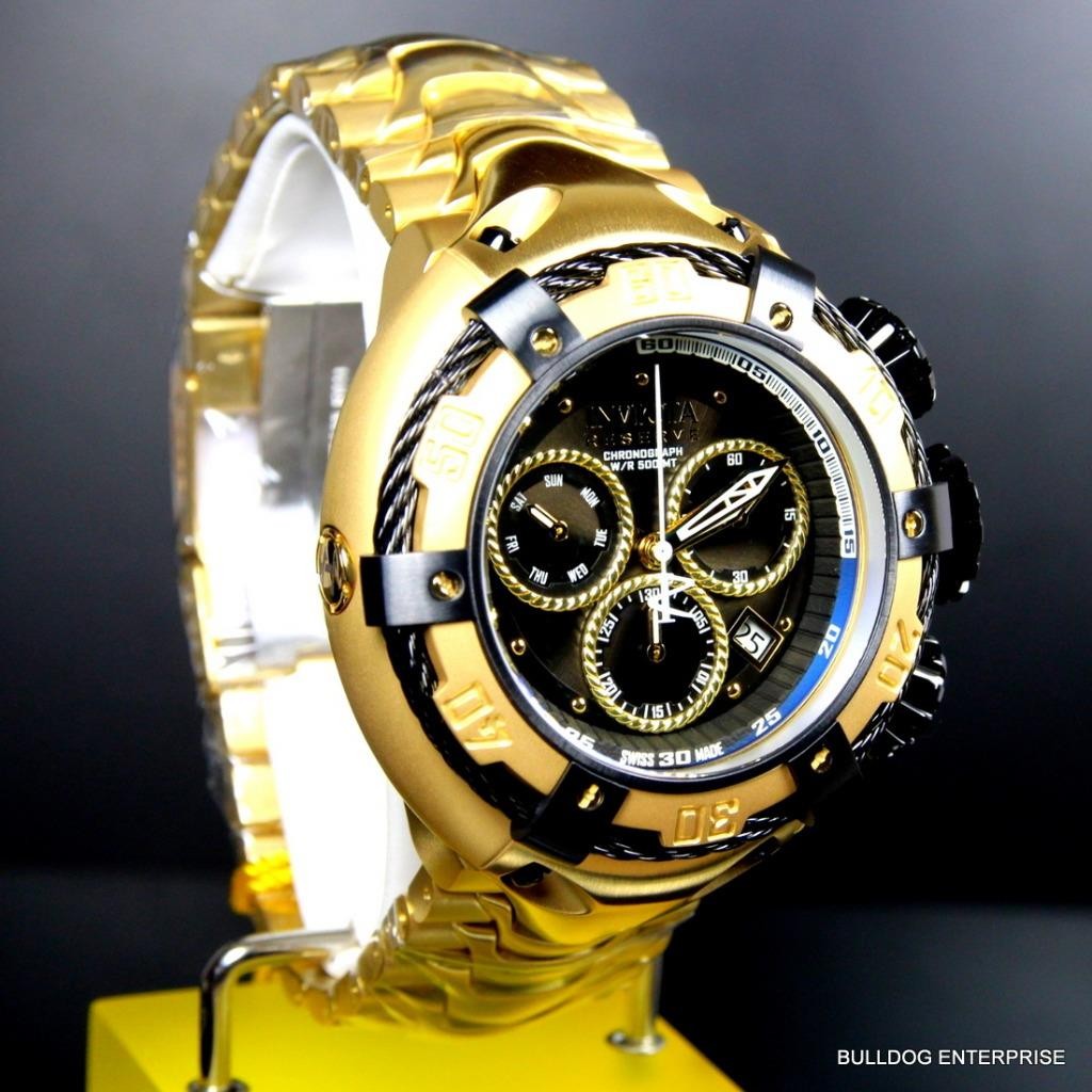 Invicta Reserve Thunderbolt 56mm 18kt Gold Plated Black Chronograph Watch New