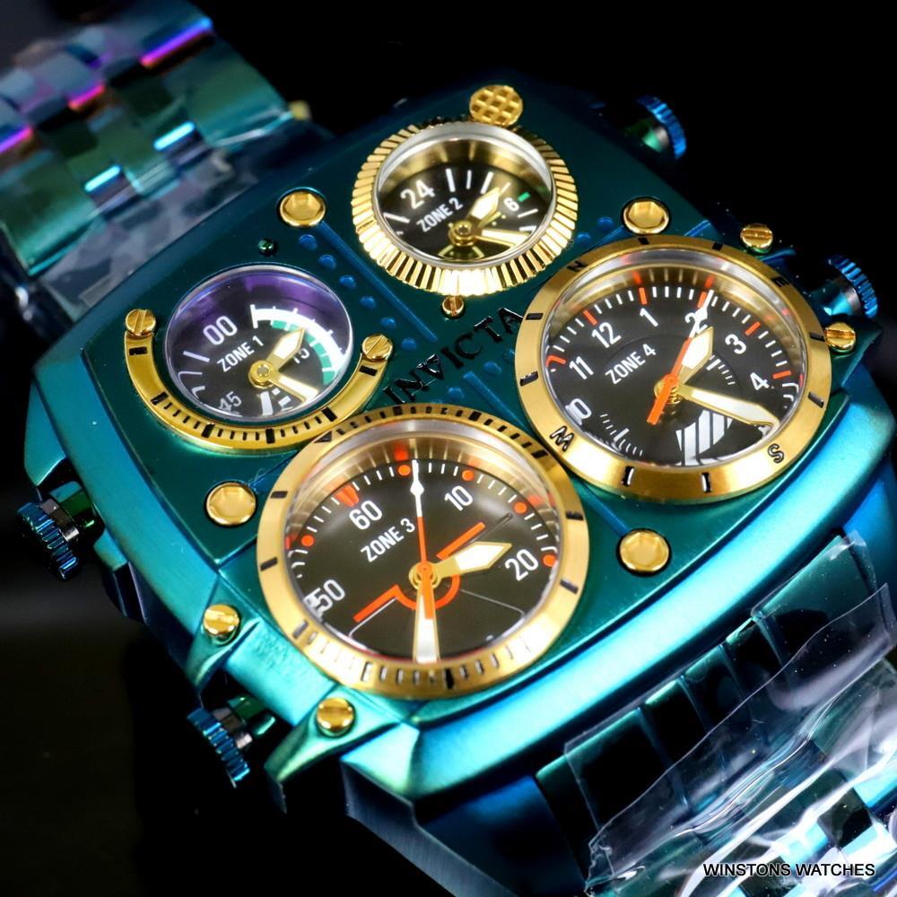 Invicta Aviator Zulu Green Stainless Steel Bracelet Quad Time 50mm Watch New