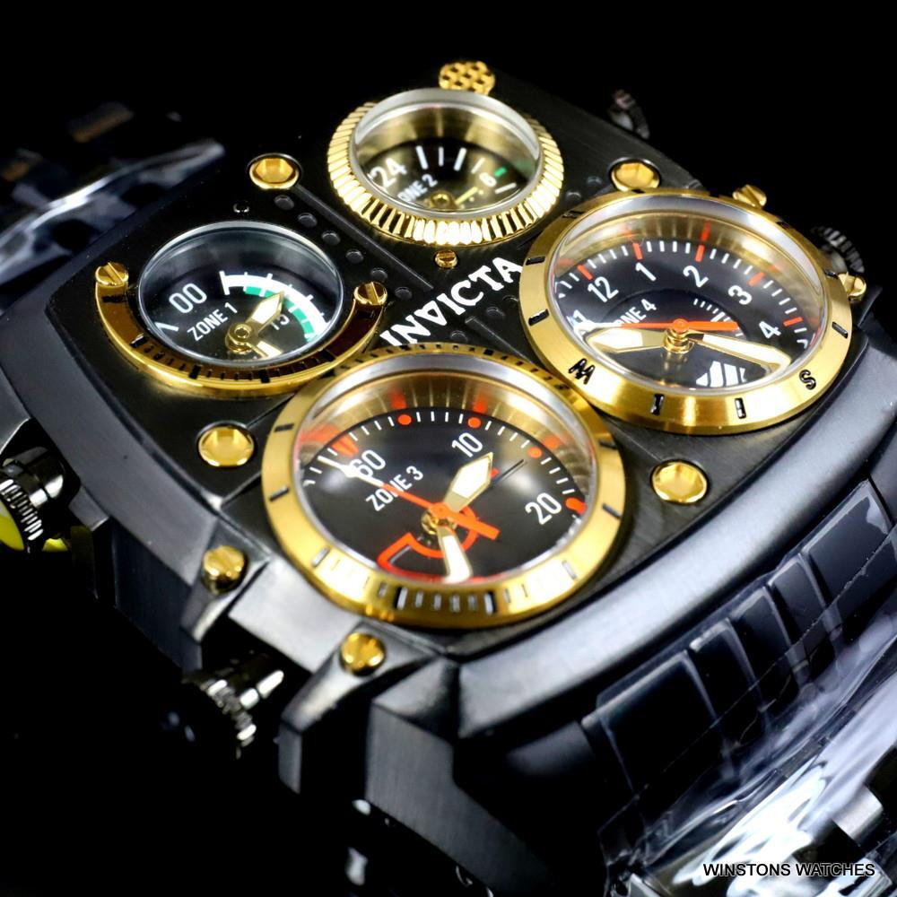 Invicta Aviator Zulu Black Stainless Steel Bracelet Quad Time 50mm Watch New